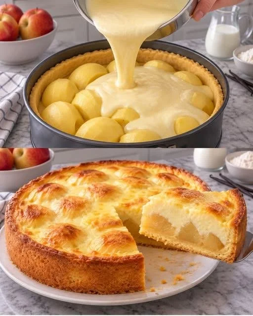 Apfelkuchen mit cremigem Sahne-Pudding-Guss auf einem Teller serviert.