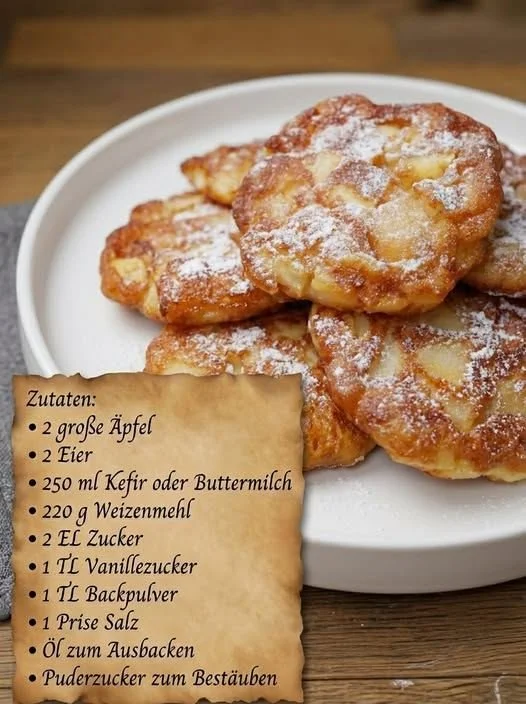 Fluffige Apfelpfannkuchen wie bei Oma, serviert mit Zimt und Zucker
