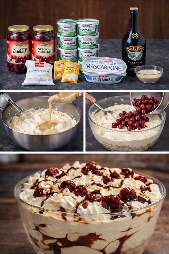 Bailey's Creme mit Mascarpone und frischen Sauerkirschen serviert in einem eleganten Dessertglas.