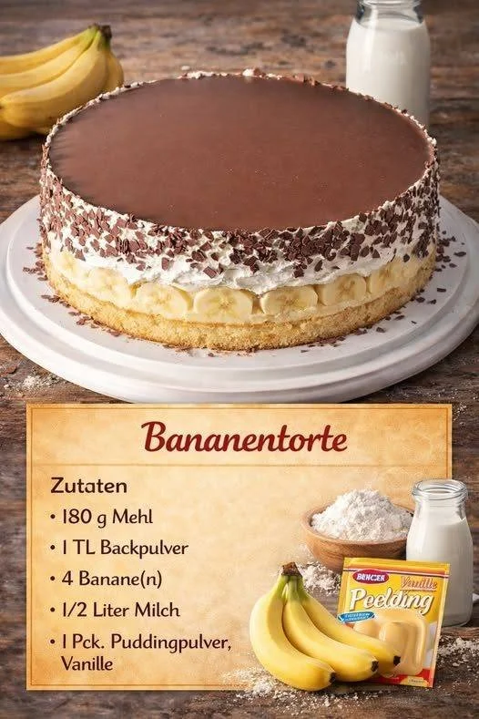 Leckere Bananentorte mit frischen Bananen und Sahne