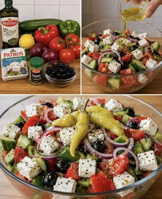 Bauernsalat mit frischem Gemüse und Feta auf einem Tisch serviert.