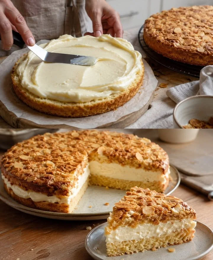 Traditioneller Bienenstich mit Puddingcreme auf einem Teller serviert