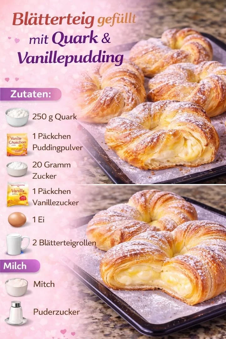 Blätterteig gefüllt mit cremigem Vanillepudding und Puderzucker
