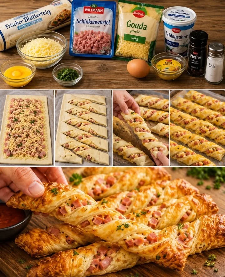 Blätterteig Stangen gefüllt mit Schinken und Käse, frisch aus dem Ofen