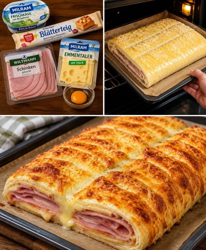 Blätterteigstrudel mit Schinken und Käse auf einem Teller angerichtet