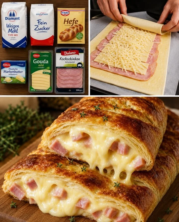 Blätterteigstrudel mit Schinken und Käse auf einem Teller angerichtet