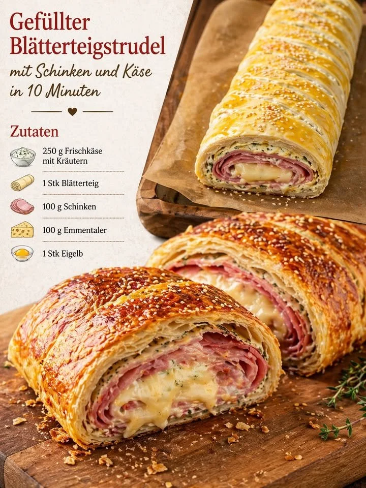 Blätterteigstrudel mit Schinken und Käse frisch gebacken
