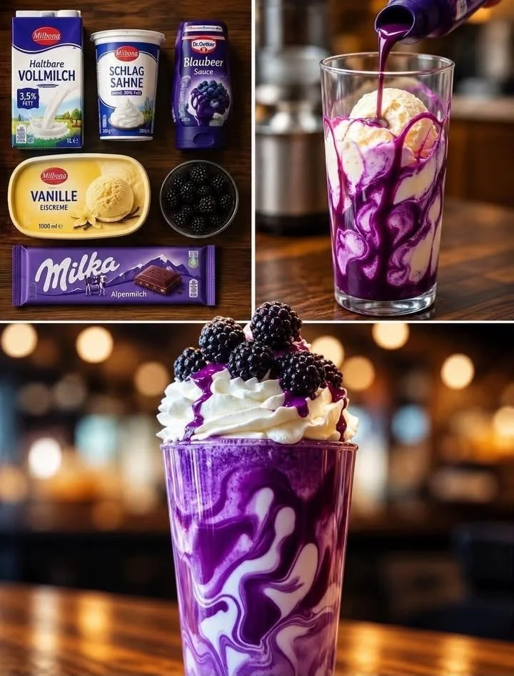 Blaubeere Latte in einer Tasse mit Blaubeeren und Kaffee