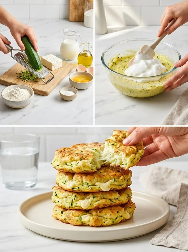 Zucchini-Käse-Wölkchen frisch aus dem Ofen auf einem Teller serviert.