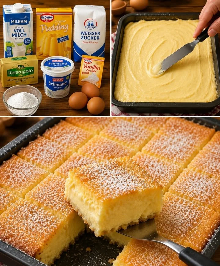 Blitzschneller Rahmkuchen vom Blech frisch gebacken auf einem Teller