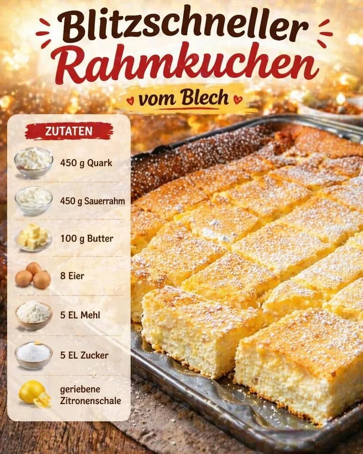 Blitzschneller Rahmkuchen vom Blech mit cremigem Belag und frischen Früchten