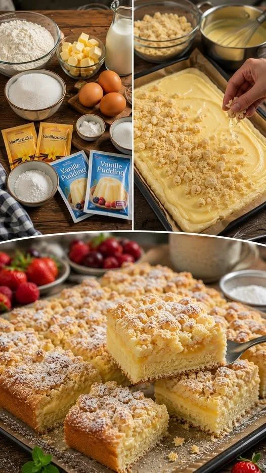 Blitzschneller Vanille-Pudding-Streuselkuchen mit Streuseln
