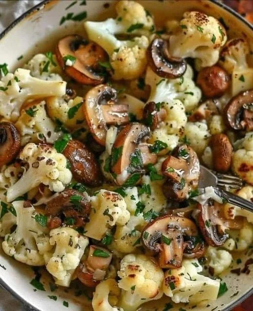 Leckere Blumenkohl Champignons Pfanne auf einem Teller serviert