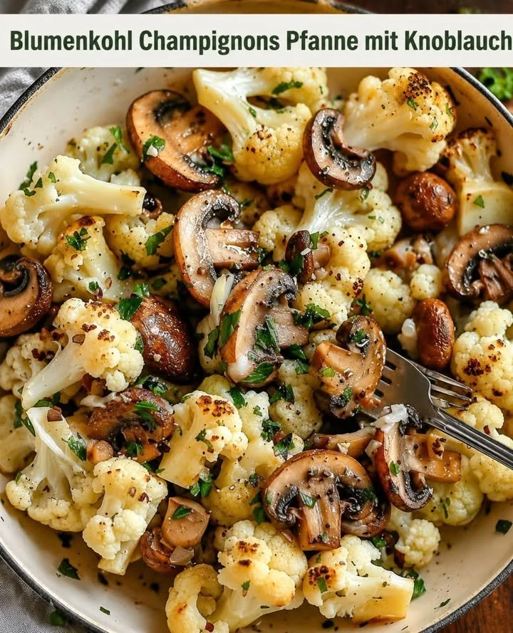 Gericht aus Blumenkohl und Champignons mit Knoblauch auf einem Teller