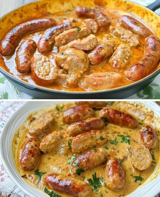 Bratwurst mit Zwiebelsauce serviert auf einem Teller