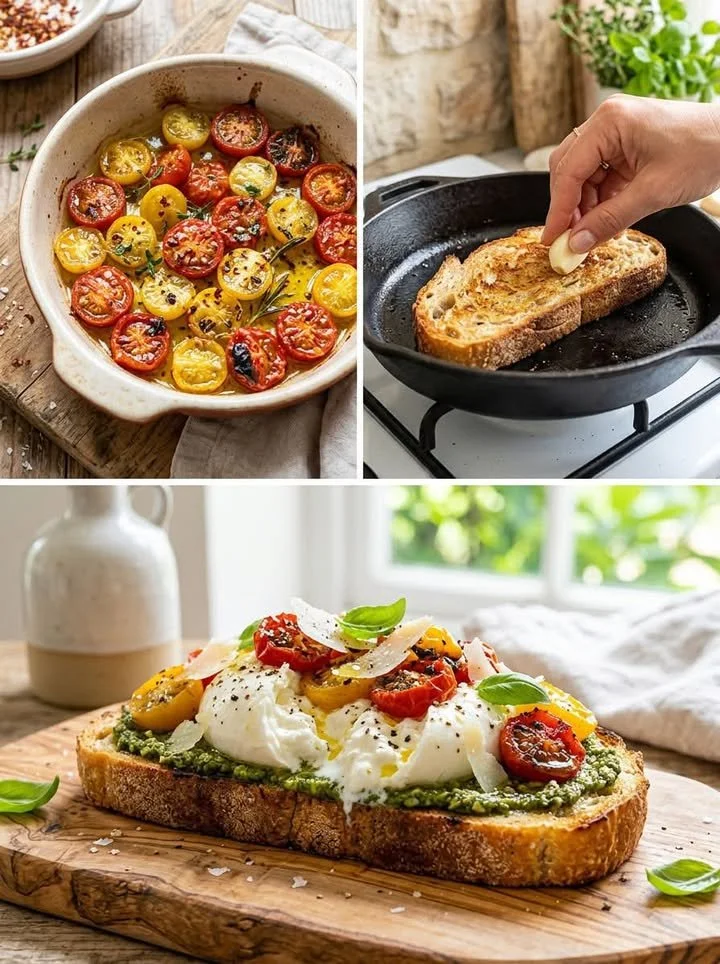 Bruschetta mit Burrata und Pesto auf geröstetem Brot