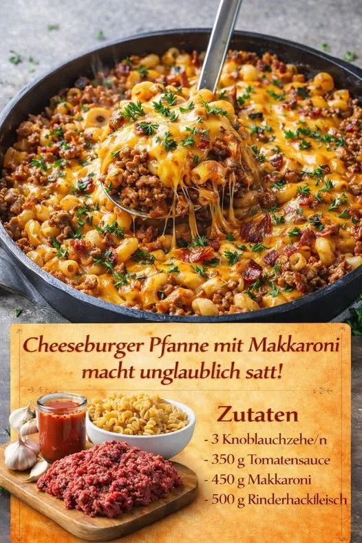 Leckere Cheeseburger Pfanne mit saftigem Rindfleisch und frischen Zutaten