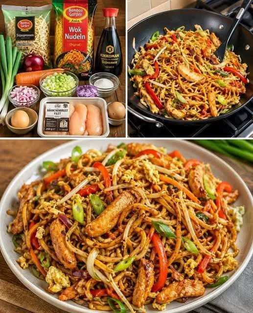 Schüssel mit chinesischen Hähnchen Nudeln, bunt garniert mit Gemüse.