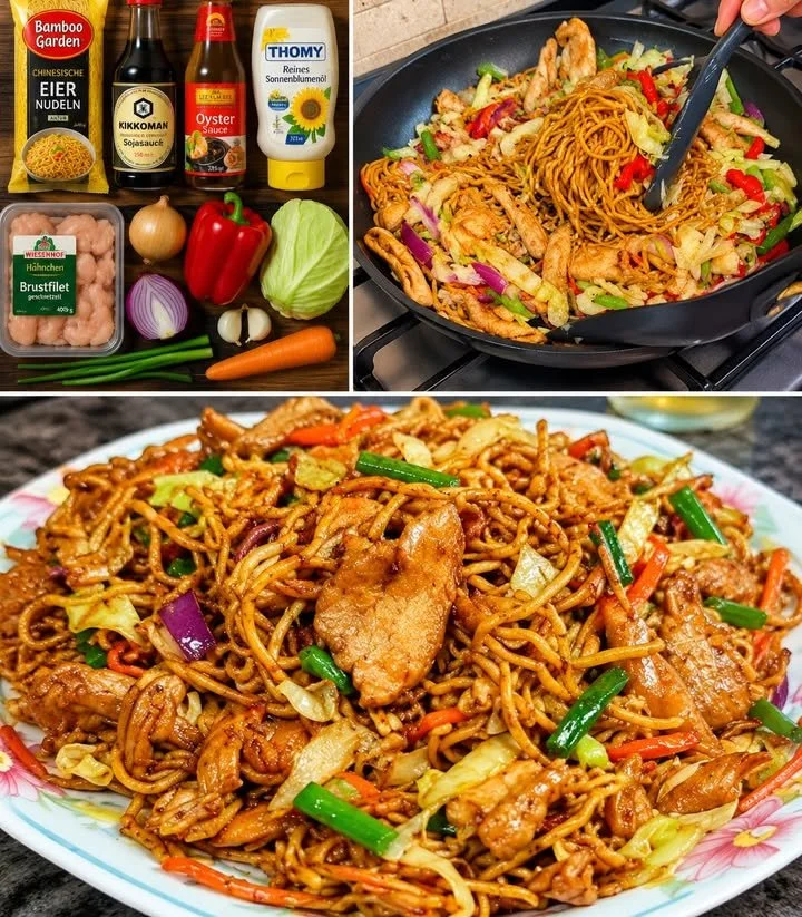 Chinesische Nudeln mit Hähnchenfleisch auf einem Teller serviert