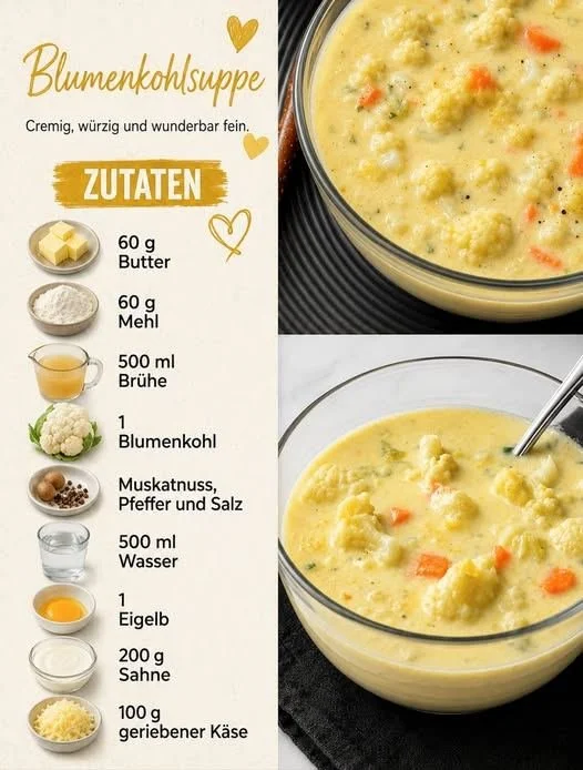 Cremige Blumenkohlsuppe in einer weißen Schüssel, serviert mit frischen Kräutern.
