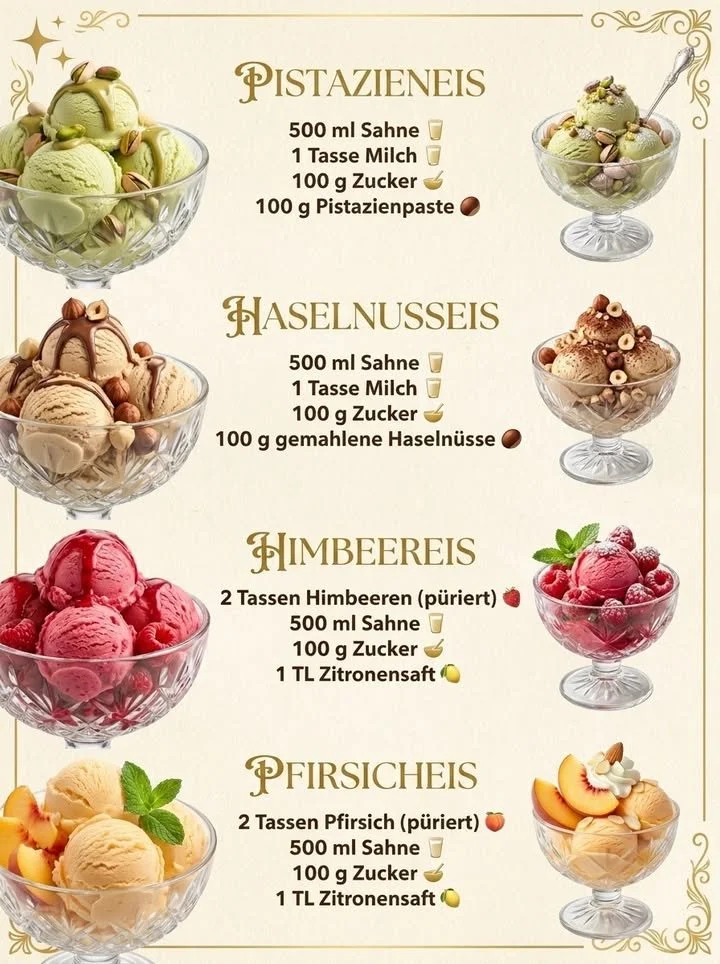 Cremige Eis-Sorten in verschiedenen Geschmacksrichtungen