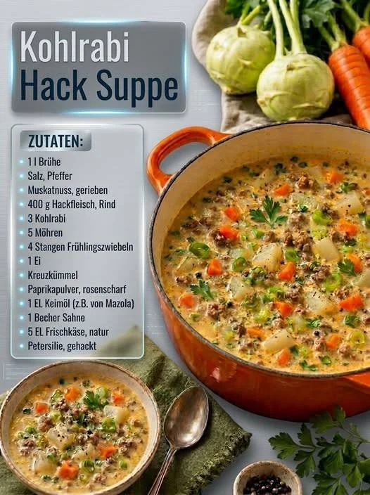 Cremige Kohlrabi-Hack-Suppe in einer Schüssel serviert