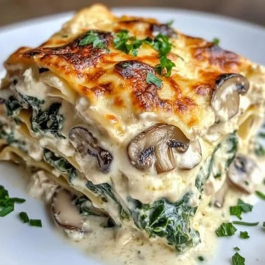 Cremige Lasagne mit Spinat und Champignons auf einem Essens-Tisch