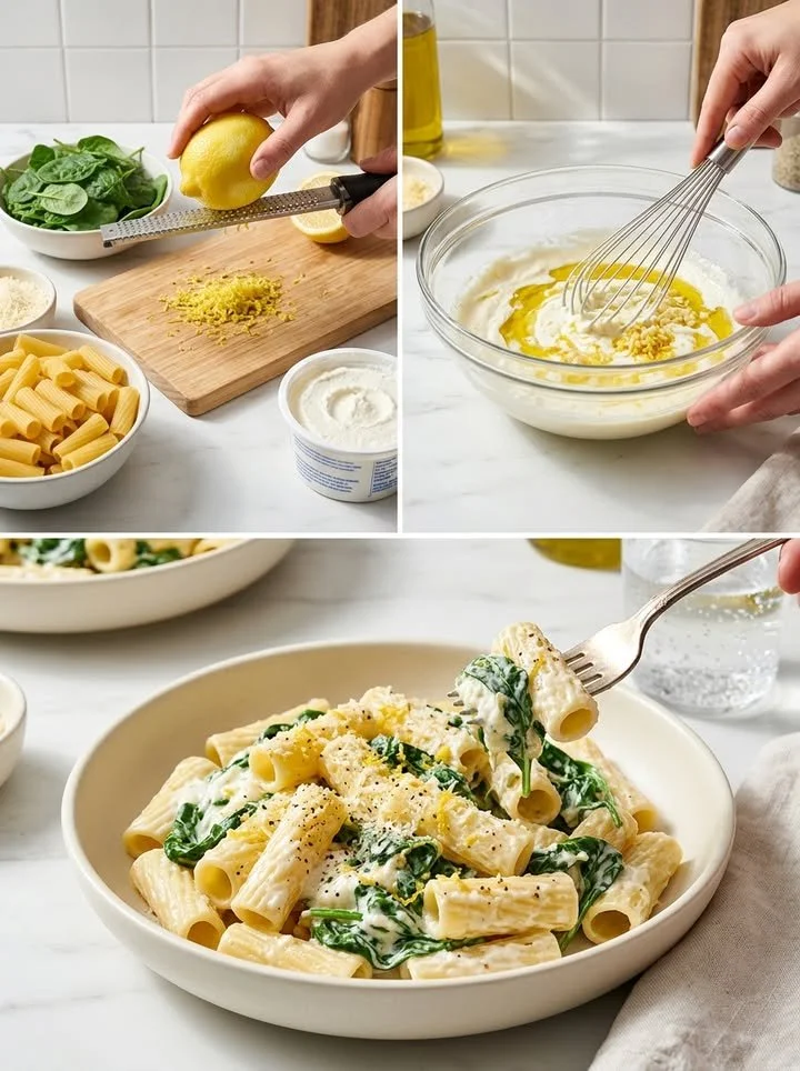 Cremige Zitronen-Ricotta-Pasta mit frischem Spinat auf einem Teller