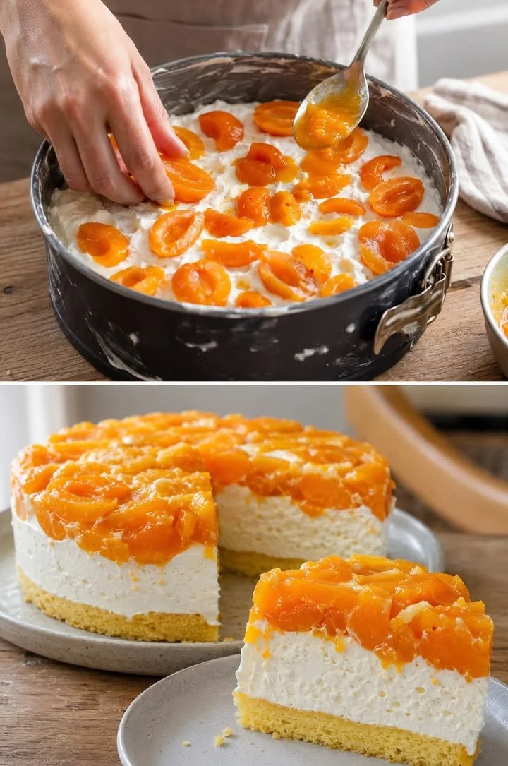 Cremiger Quarkkuchen mit Aprikosen auf einem Teller