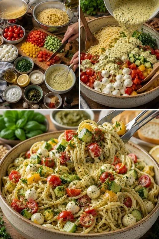 Cremiger Spaghetti-Salat mit frischen Zutaten in einer Schüssel