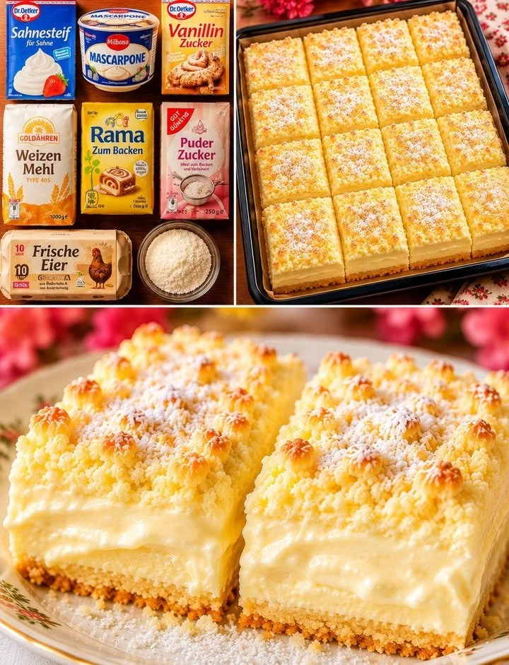 Cremiger Vanillepudding Streuselkuchen vom Blech in appetitlicher Präsentation