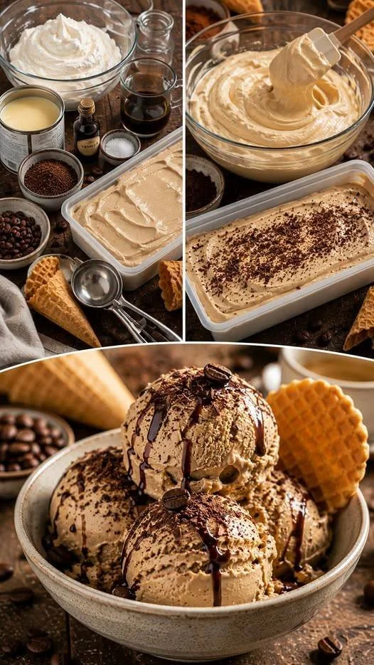 Cremiges Kaffee-Eis in einer Eiswaffel, perfekt für Kaffeeliebhaber.
