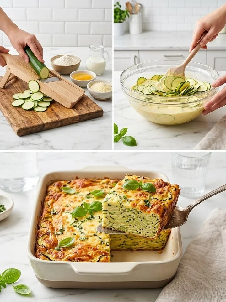 Der berühmte unsichtbare Zucchini-Kuchen auf einem Teller, frisch gebacken.