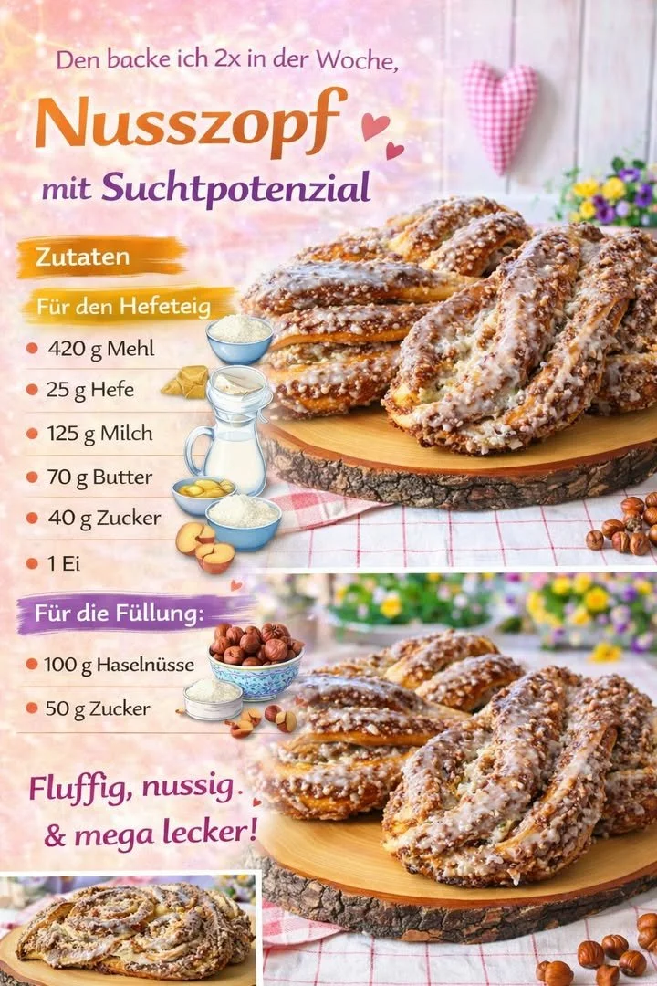 Leckerer Nusszopf auf einem Teller mit Nüssen und Puderzucker