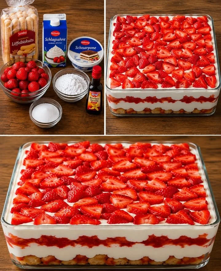 Erdbeer Tiramisu Dessert in einer Schale, schnell und einfach zubereitet