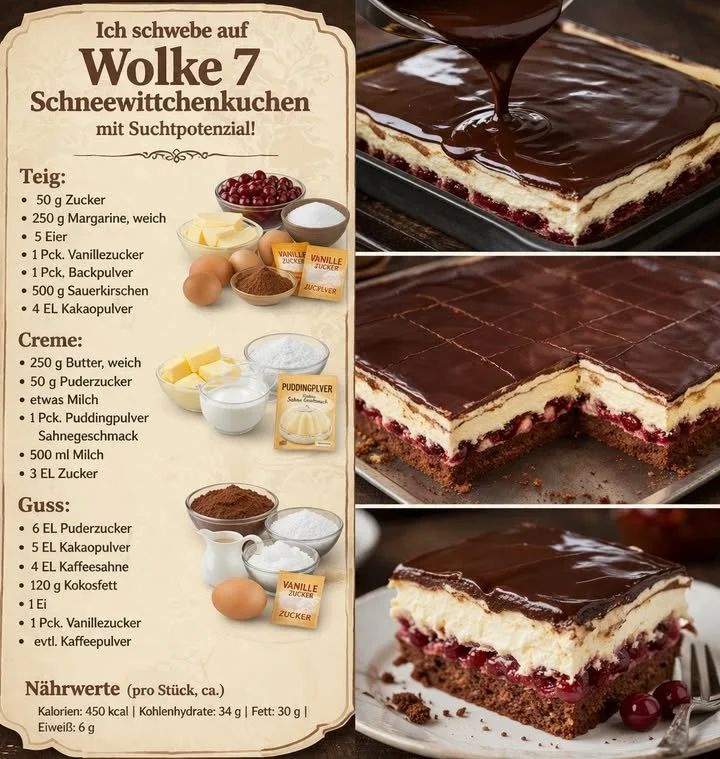 Leckere Donauwelle mit Schokoladenguss und Kirschen, perfekt zum Genießen.