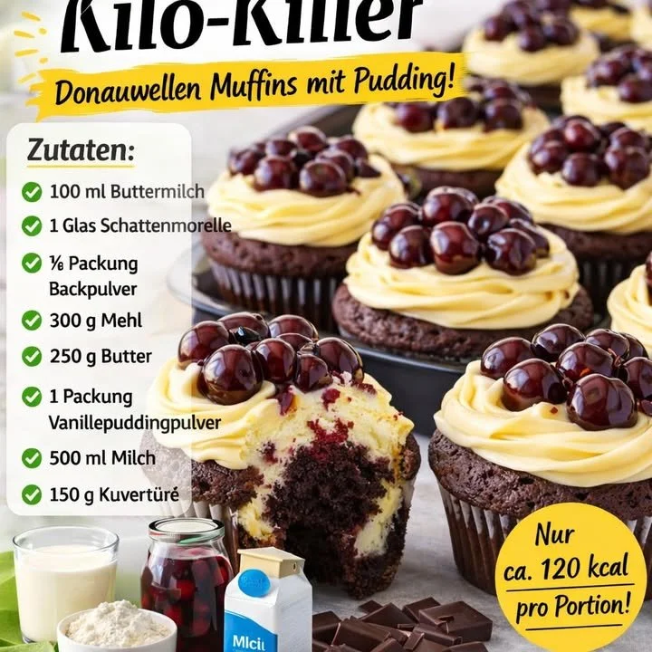Donauwellen Muffins mit Vanillepudding auf einem Teller