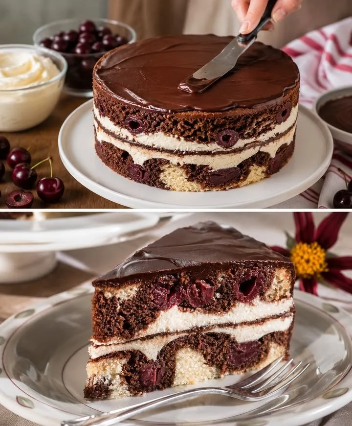 Doppelte Donauwelle - köstlicher zweischichtiger Kuchen mit Schokolade und Vanillecreme