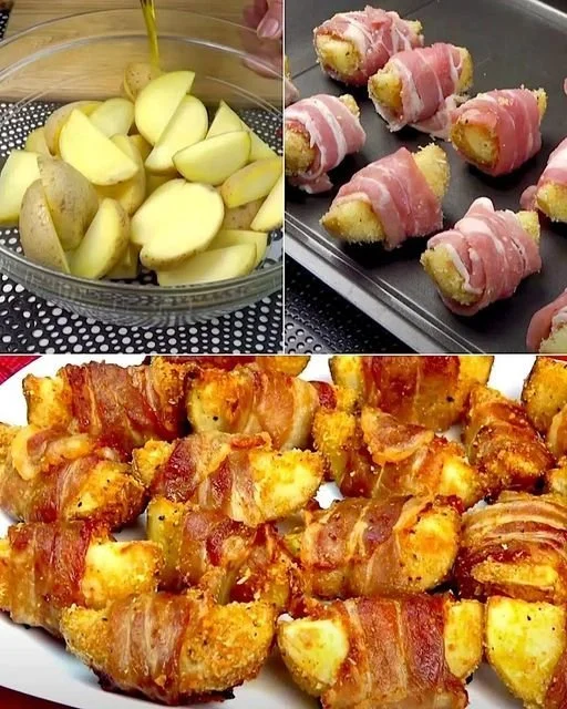 Eingewickelte Kartoffeln mit Speck und Parmesan auf einem Teller serviert