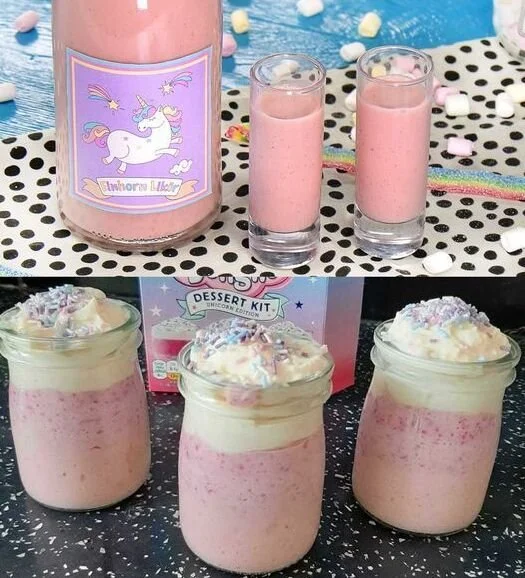 Flasche Einhorn Likör mit buntem Glitzer im Glas.