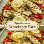 Himmlischer Fisch auf einem Teller, serviert mit frischen Beilagen