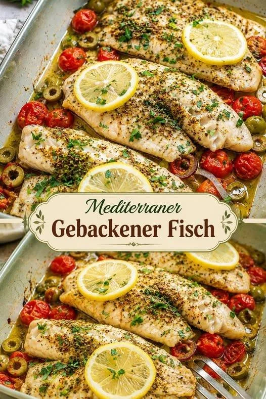 Himmlischer Fisch auf einem Teller, serviert mit frischen Beilagen