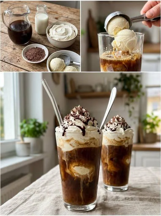 Ein erfrischend kalter Eiskaffee in einem Glas mit Sahne und Eiswürfeln