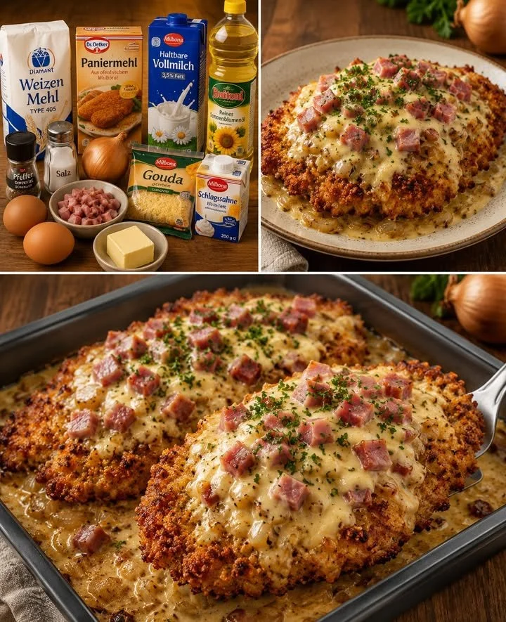Zartes Elsässer Schnitzel mit Käse und Schinken, serviert mit Beilagen.