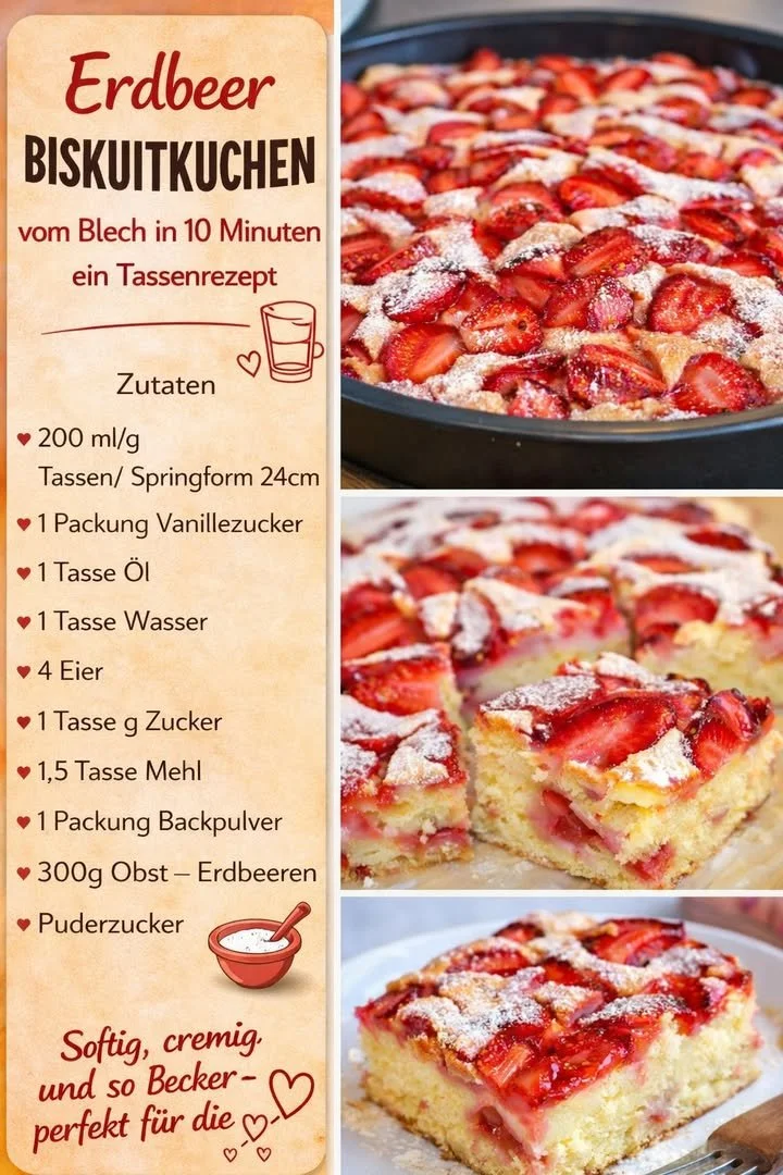 ein köstlicher Erdbeer Biskuitkuchen vom Blech auf einem Teller