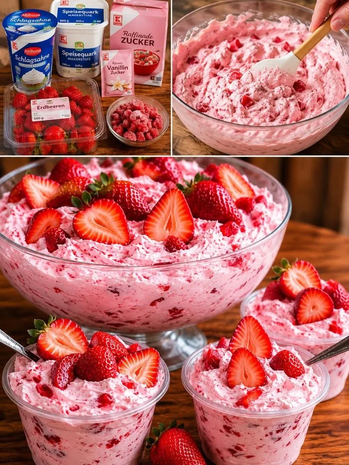 Schüssel mit cremigem Erdbeer Joghurt Traum, garniert mit frischen Erdbeeren.