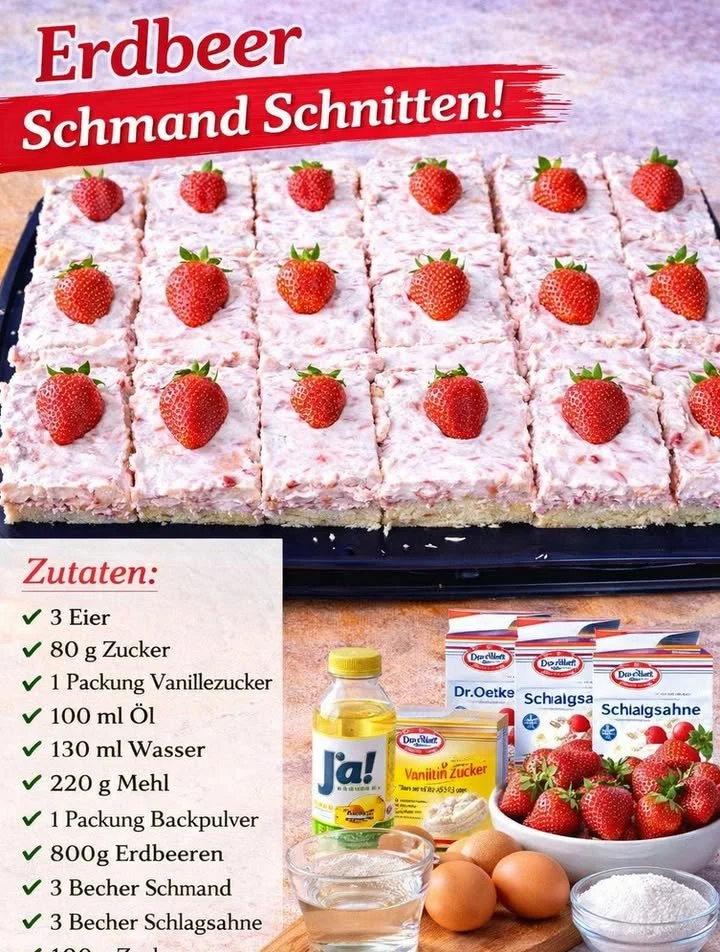 Leckere Erdbeer Schmand Schnitten auf einem Teller, perfekt für Desserts.