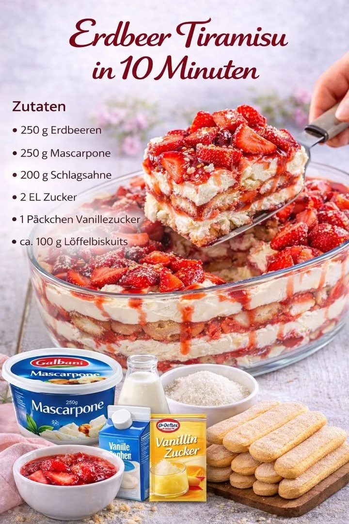 Leckeres Erdbeer Tiramisu im Glas mit frischen Erdbeeren und Creme