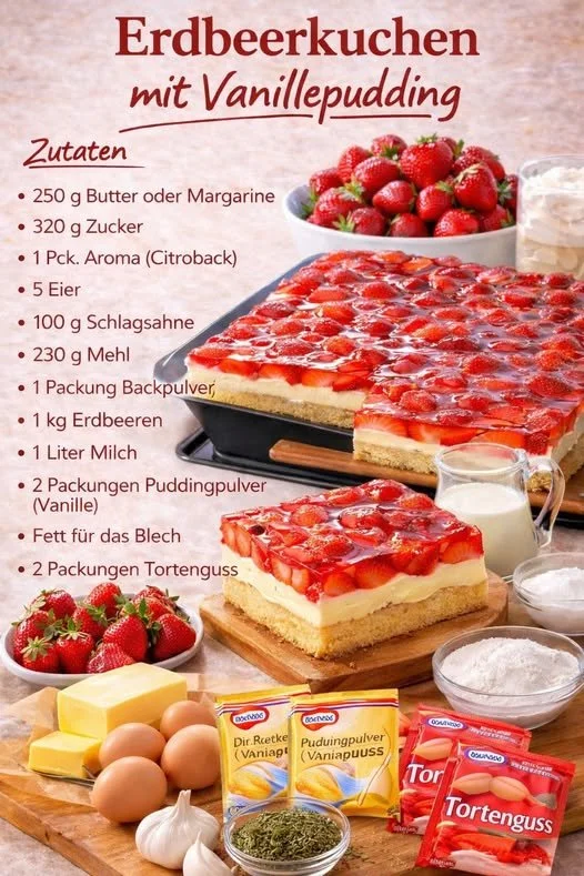 Erdbeerkuchen mit Vanillepudding auf einem weißen Teller
