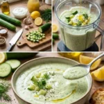 Erfrischende Gurkenuppe mit Zitronen und Dill serviert in einer Schale